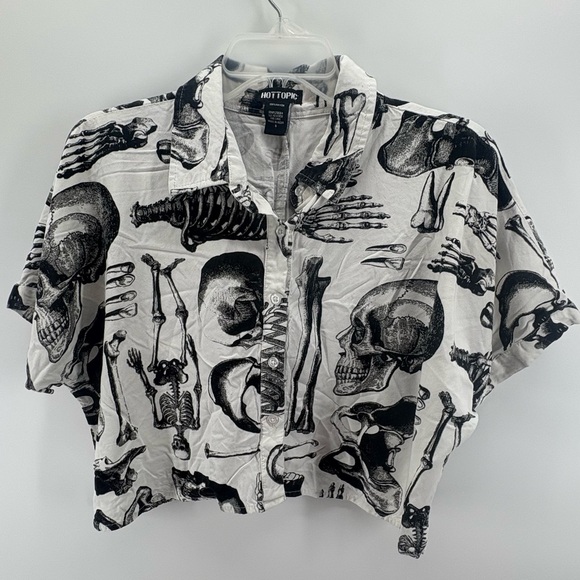 Hot Topic Womens Small White Skull, Anatomical Button Down Short Sleeve Shirt - Picture 1 of 10